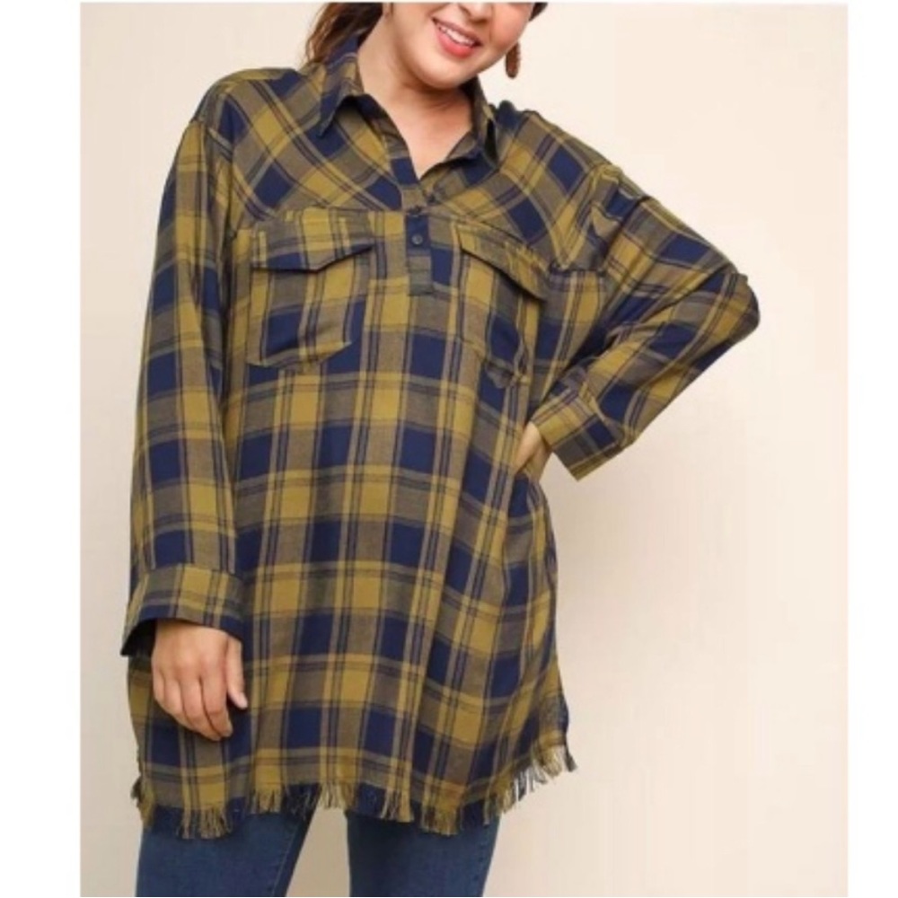 Umgee plaid fringe tunic shirt XL